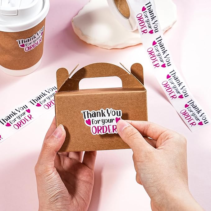 WRAPAHOLIC 1.8 x 1.1 Inch, 500 Total Business Stickers Roll - Black Rose Pink Thank You for Your Order Text Design, Thank You Lables, Shipping Stickers for Party Decorations