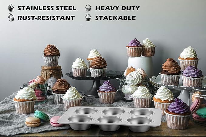 Leonyo Non-Toxic Stainless Steel Muffin Pan Metal Cupcake Pan 6 Cup | Standard Size Metal Muffin Tin Tray for Baking Cupcake Quiches, Dishwasher Oven Safe