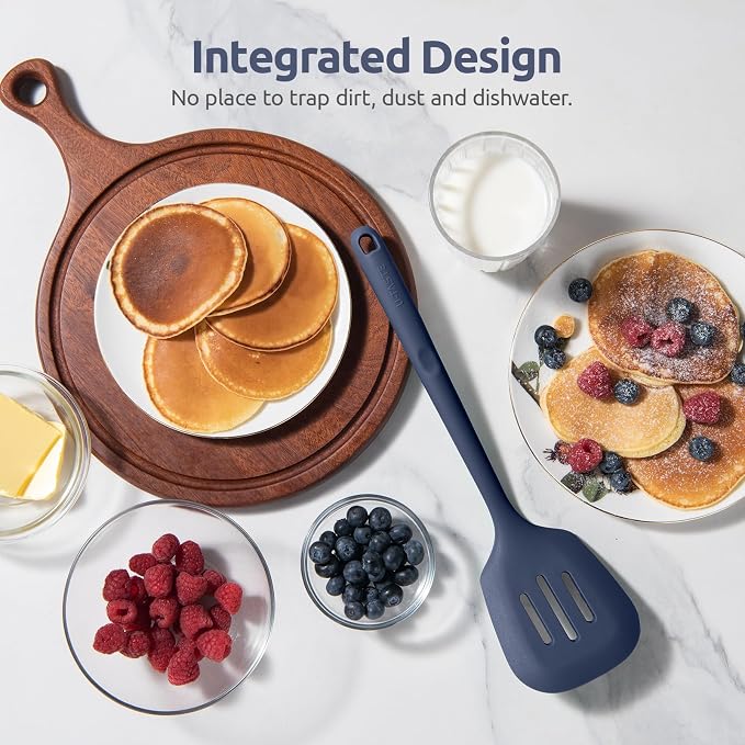 600ºF Heat Resistant Slotted Turner: U-Taste 13.6" Silicone Kitchen Spatula Flipper, 3.74in Wide Food Grade Flexible Rubber Cooking Utensil for Egg, Pancake, Cookie, Nonstick Cookware-Midnight Blue