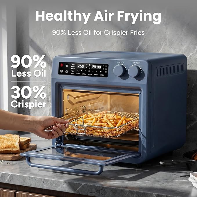 SMIRLY Digital Air Fryer Toaster Oven Combo, 25L Convection Countertop Oven, 10-in-1 Multi-Function Fits 12" Pizza & 6 Slices of Toast, Stainless Steel, Blue