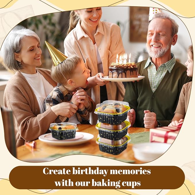200 Pack 5 oz Mini Cake Pans with Lid, Aluminum Foil Mini Baking Tins, Square Disposable Cupcake Baking Cup Dessert Container for Wedding Birthday Party Picnic(Black,Stylish)