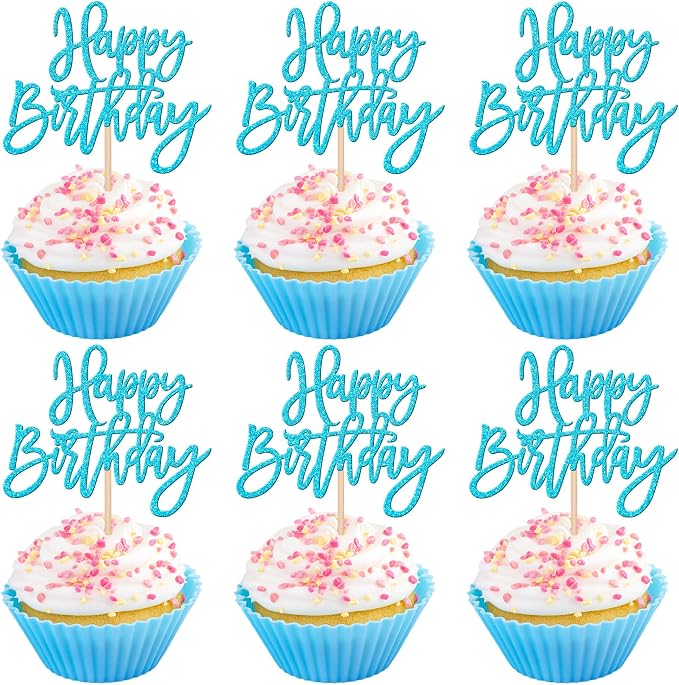24 PCS Happy Birthday Cupcake Toppers Glitter Picks for Celebrating Anniversary Theme Party Cake Decorations Supplies - Lake Blue