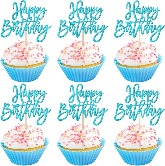 24 PCS Happy Birthday Cupcake Toppers Glitter Picks for Celebrating Anniversary Theme Party Cake Decorations Supplies - Lake Blue