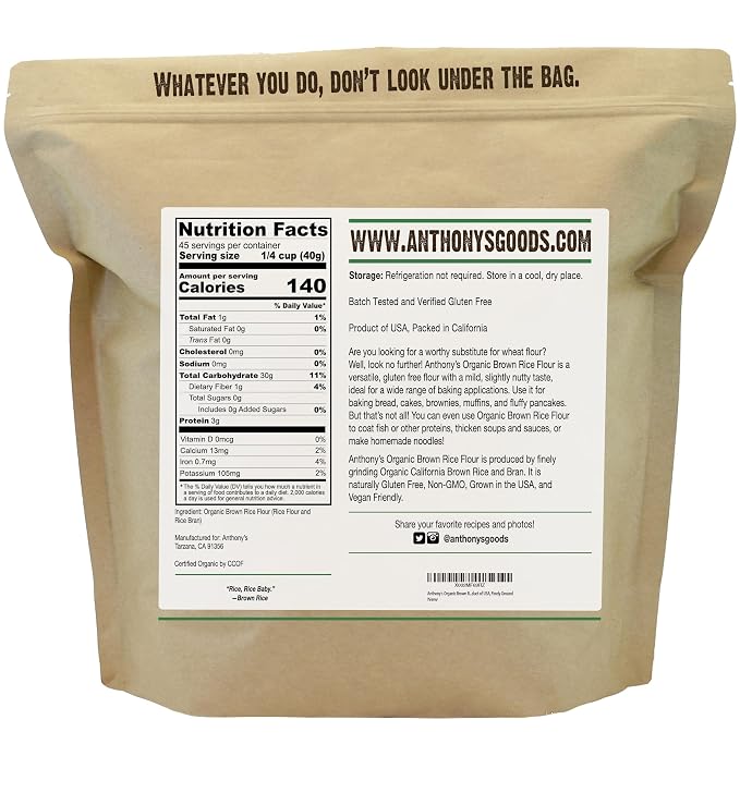 Anthony's Organic Brown Rice Flour, 4 Pound, Gluten Free, Product of USA, Finely Ground (Pack of 2)