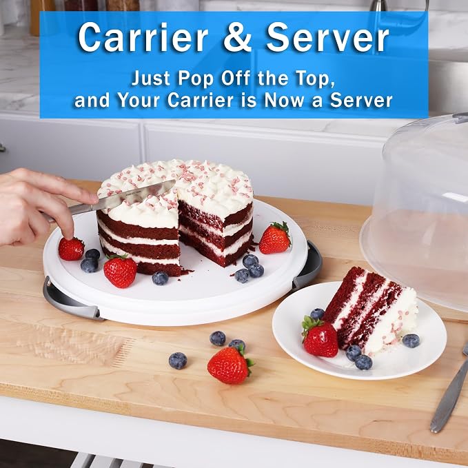 JOEY'Z EXTRA LARGE Cake Carrier - Holds up to 12 Inch 3-Layer Cake - White | Storage Container With Server Plate With Lid/Holder With Lid/Cover Clear Dome - Transports Pies or Other Desserts