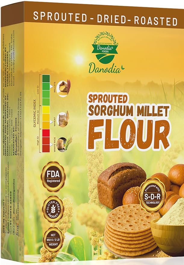 Danodia Foods Sprouted Jowar Flour 950g / 2 lb, Sorghum Flour/Jowar Atta, Roasted & Ground Millet Flour for Roti, Bhakri, Flatbread, Porridge & Baking, Indian & US Pantry