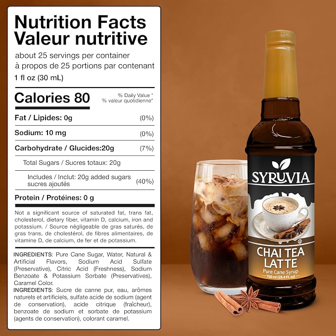 Syruvia Chai Tea Latte Syrup, Flavored Syrup for Lattes, Drinks, Cappuccinos, Iced Coffees, Espresso Drinks – 25.4 fl oz - with Pump