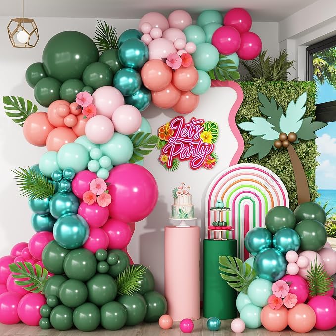 Tropical Flamingo Balloon Arch Garland Kit, Hot Pink Metallic Green Light Pink Orange Balloon Flamingo Foil Balloons for Hawaiian Summer Luau Aloha Beach Pool Baby Shower Birthday Party Decorations