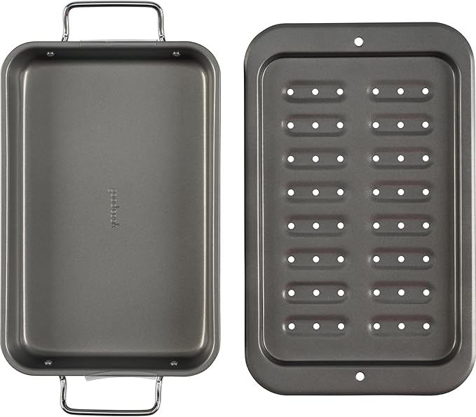 GoodCook Everyday Broiler Baking Pan with Built-in Handles Nonstick Warp-Resistant Heavy-Gauge Steel Construction Even-Heating Oblong Pan with Drip Rack, 7"x11", Gray (Pack of 4)