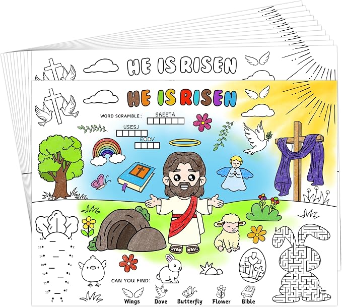 45pcs He is Risen Disposable Coloring Placemats Easter Christian Crafts for Kids Sunday School Easter Party Favors Coloring Poster Religious Activity Church Supplies Paper Table Mats