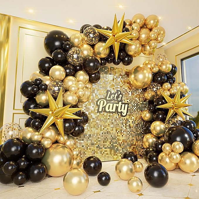 Bonropin 161pcs Black and Gold Balloons Garland Arch Kit with Explosion Star Balloons, 5/10/12/18in Black Gold Confetti Latex Balloons for Anniversary Birthday Party 2025 Graduation Decorations