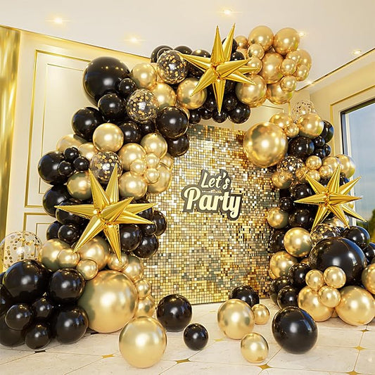 Bonropin 161pcs Black and Gold Balloons Garland Arch Kit with Explosion Star Balloons, 5/10/12/18in Black Gold Confetti Latex Balloons for Anniversary Birthday Party 2025 Graduation Decorations