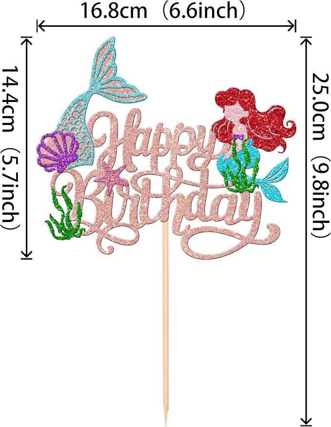 1 PCS Mermaid Cake Topper Glitter Mermaid Happy Birthday Cake Pick Starfish Seawood Seashells Mermaid Tail Cake Decoration for Under the Sea Theme Baby Shower Birthday Party Supplies Rose Gold