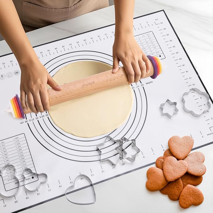 Adjustable Rolling Pin with Thickness Rings for Baking, 13.6" with 4 Multicolored Thickness Ring, Wood Dough Roller for Baking Fondant, Pizza, Cookie, Bread, Pie Crusts