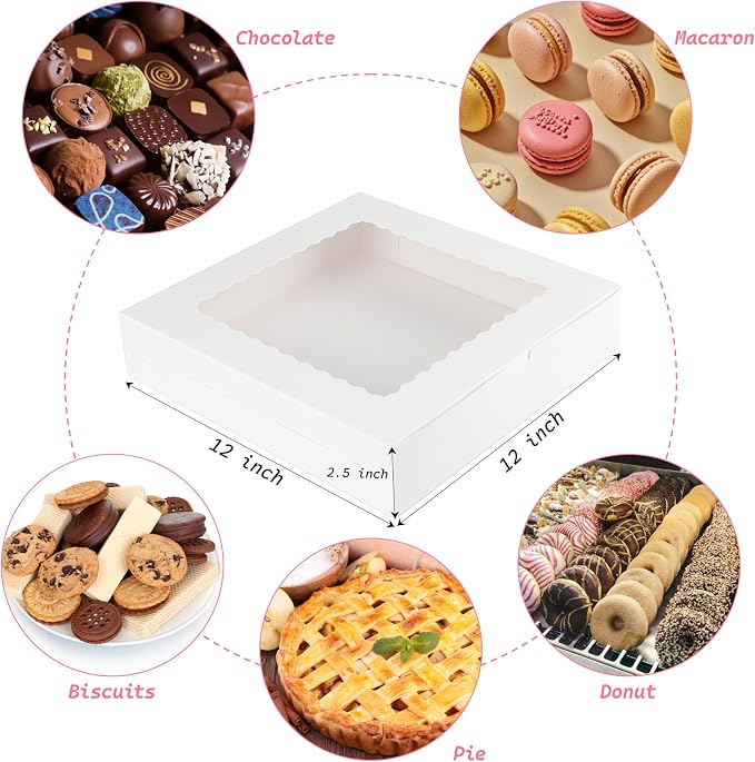 Yeplan 10-Pack Cookie Boxes with Window, 12x12x2.5 Inch Bakery Boxes, White Treat Boxes for Desserts, Donuts, Muffins, Pies, Chocolates - Pastry Packaging for Baked Goods