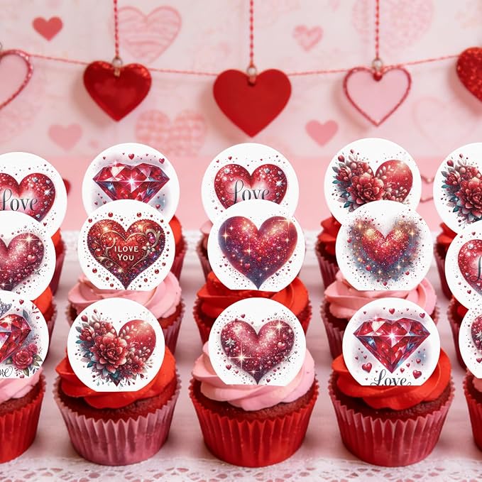 36PCS Edible Red Heart Cupcake Toppers Wafer Paper Sweet Love Be Mine Kiss Me Heart Cupcake Picks Valentine’s Cake Decor for Valentine's Day Theme Wedding Party Supplies