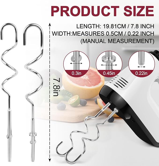 KHM512 Replacement Dough Hooks for Hand Mixers - For KHM 5KSM KSM KSMO KSMH Series, Stainless Steel Dough Kneading Attachments