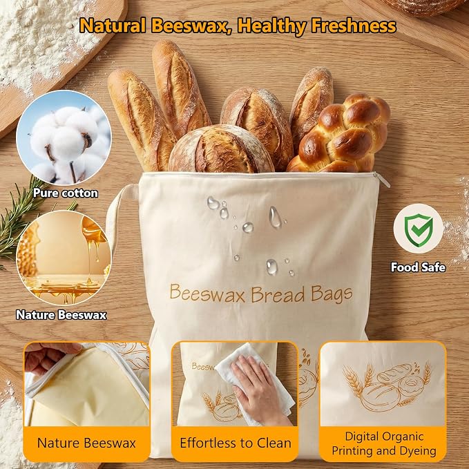 Natural Beeswax Bread Bags for Homemade Bread - Yodeler 2 Pack XL Reusable Organic Cotton Sourdough Bag, Food Storage Cloth Bag Freezer-Friendly with Zip to Keep Fresh (Natural beeswax)