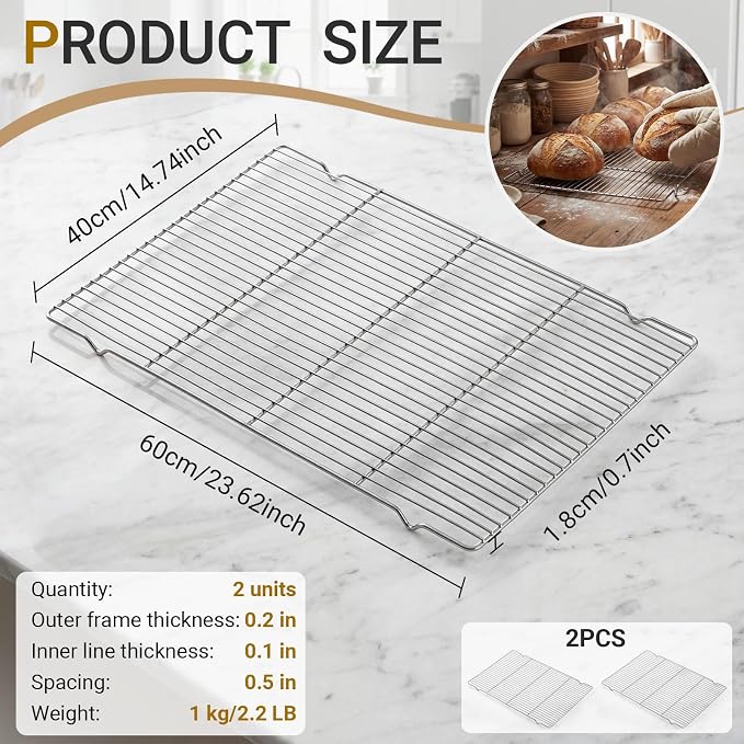 Lounsweer 2 Pack Cooling Racks, 24L x 16W x 1H Stainless Steel Wire Rack for Baking Sheet, Large Cookie Cooling Rack, Oven Safe Cooking Racks for Sheet Pan, Dishwasher Safe, Full Size