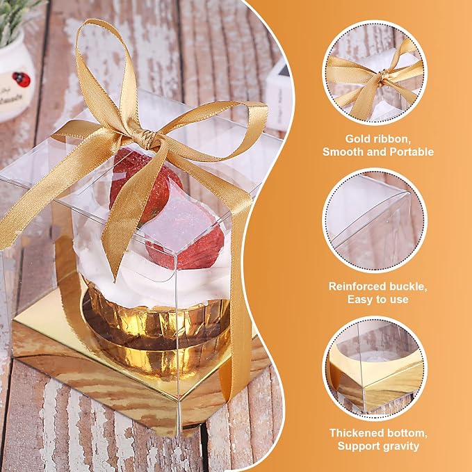 60 Pcs Clear Plastic Cupcake Boxes 3.5 inch Gold Single Cupcake Containers Individual Cupcake Boxes, Gold Carriers with Ribbons and Inserts for Wedding Birthday Party Favor Containers