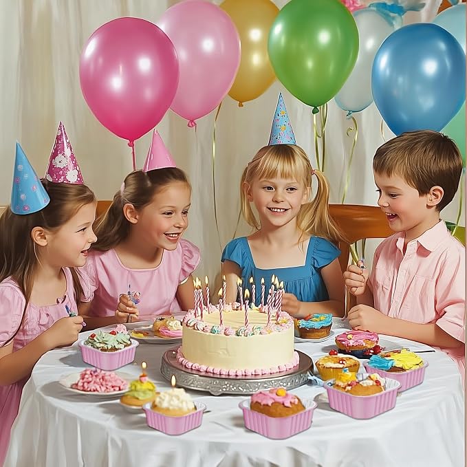 100 Pack Square Mini Cake Pans with Lids,Mini Loaf Pans with Lids,Aluminum Foil Baking Cups,Disposable Ramekins Cupcake Cups,Dessert Cups for Wedding Birthday Party Picnics,5oz (Pink)