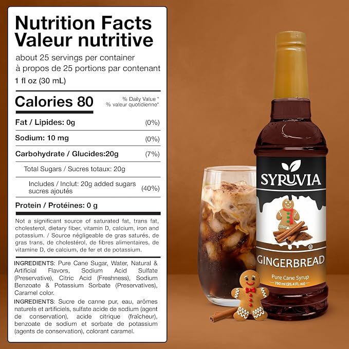 Syruvia Coffee Syrup, Gingerbread Flavored Syrup for Drinks, Lattes, and Desserts – 25.4 fl oz - with Pump