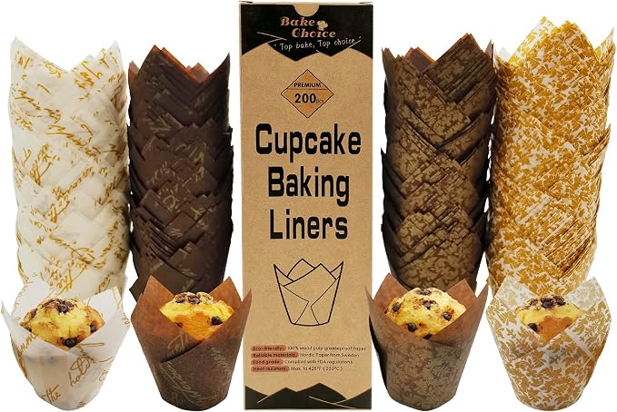 Bake Choice Nordic Paper 200pcs Tulip Cupcake Liners for baking cups with four fancy designs EU Parchment paper Standard Size Tulip Muffin liners, Cupcake Wrappers for Party, Wedding, Birthday