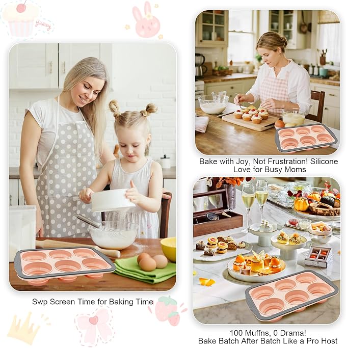 Silicone Muffin Pans for Baking with Metal Frame, 6 Cup Silicone Muffin Pan, Nonstick Cupcake Pan, BPA Free Muffin Tins Easy to Pop Cupcake Baking Pan Molds for Oven Dishwasher Safe