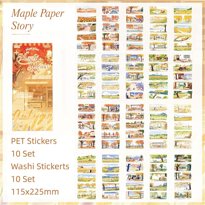 Autumn Series Sticker Scrapbooking Supplies for Junk Journal, 10 Sheets PET Stickers and 10 Sheets Washi Stickers