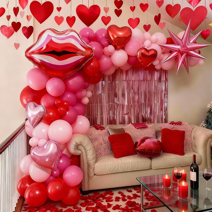 Valentines Day Balloon Arch Kit Hot Pink Red Balloon Garland with Lip Heart Star Foil Balloons Rose Red Baby Light Pink Galentines Party Decorations for Proposal Engagement Wedding Mothers, 97Pcs