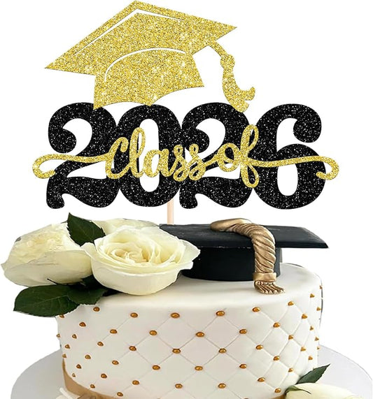 1 Pack Class of 2025 Cake Topper Glitter Congrats Grad Cap 2025 Graduation Cake Pick for 2025 Graduation Theme High School Boys Girls Graduate Party Cake Decorations Supplies Black Gold
