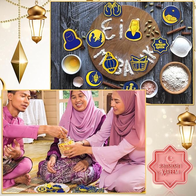 Roshtia 24 Pcs Eid Mubarak Cookie Cutter Ramadan Mubarak Plastic Cookie Stamps Eid Prayers Moon Mould Press Castle Cream Light Plastic Biscuit Cutters Embossing Mold for Baking Fondant Supplies