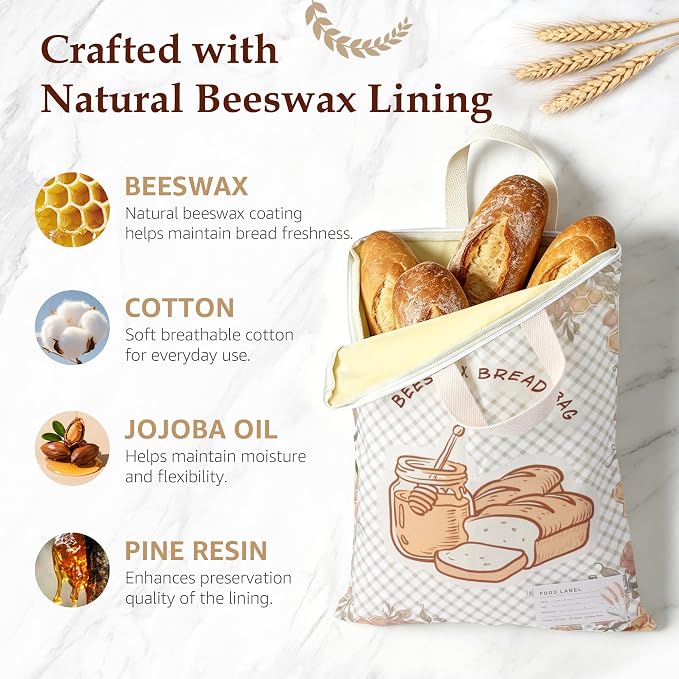 2 Pack Beeswax Bread Bags for Sourdough, 17x13 Inch Reusable Cotton Bread Storage Bags with Zipper and Handle Natural Beeswax Lining Freezer Friendly with 10 Food Labels Included (Floral Honeycomb)