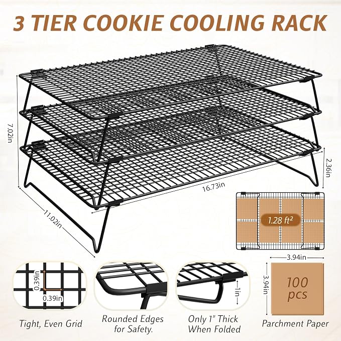 Stackable Cooling Racks 3-Tier 17x11in with 100 Parchment Papers | Heavy duty wire baking rack for cookies, cake, pizza & bacon. Collapsible for storage. Includes 4x4in non-stick sheets.