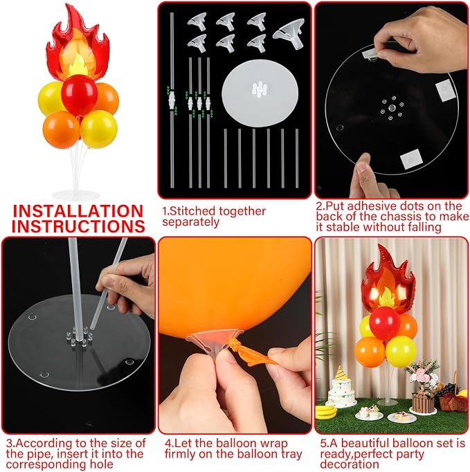 4 Sets Fire Party Balloons Stand Kit with Flame Fire Truck Foil Balloons Orange Yellow Red Party Balloon Centerpiece for Tables for Fireman Firefighter Rescue Themed Birthday Decorations