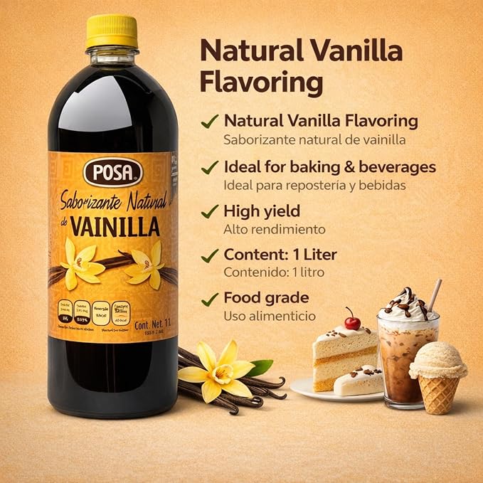 POSA Natural Vanilla Flavoring 33.8 fl oz | Vanilla flavor for baking, desserts and drinks | For home and professional use