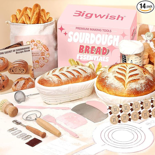 Sourdough Starter Kit, Sourdough Bread Baking Supplies with Banneton Bread Proofing Basket, Starter Jar, Sourdough Tools Kit, Bread Making Kit,Pink Baking Gifts for Women Mom Wife Love Baking