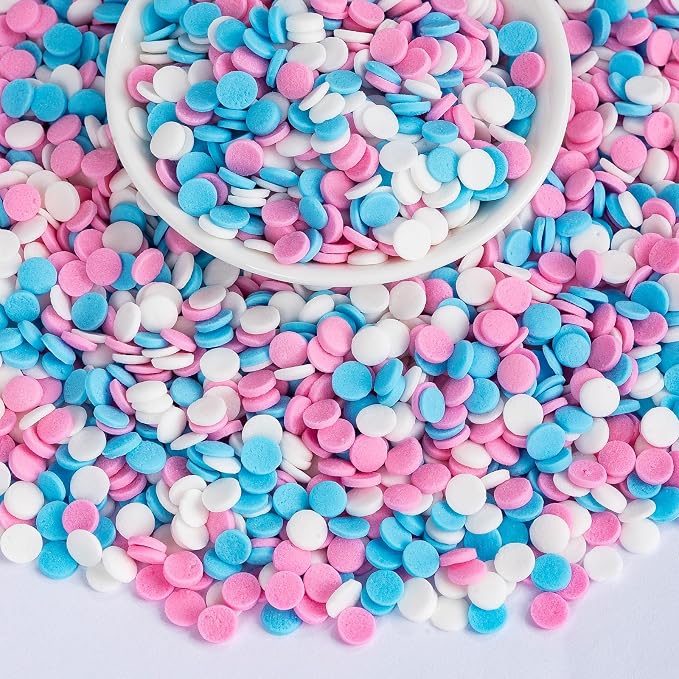 Edible Pastel Sprinkles for Cake Decorating,Pink Blue White Round Confetti,Gender Reveal Sprinkle,Princess Sugar Sprinkle Circular Candy for Cake Baking,Cupcake Cookie Donut Desserts Decorations, Baby Shower Birthday Party Supplies
