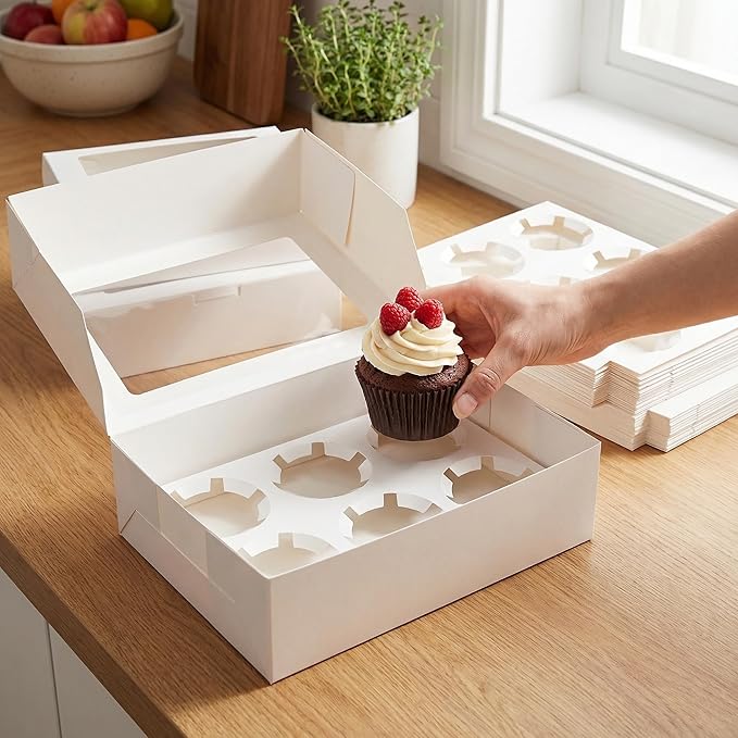 Jucoan 50 Pack White Paper Cupcake Box with Insert and Window Hold 6 Standard Cupcakes, Cupcake Carrier Container, Bakery Muffin Box for Pastry, Cookies, Birthday, Father's Day, Wedding Party