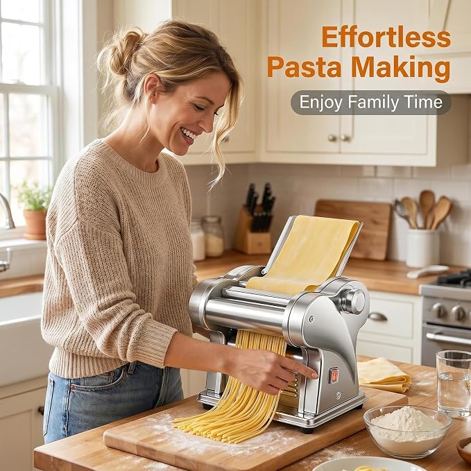 Electric Pasta Maker - 2 in 1 Pasta Sheet Roller & Cutter, 8 Thickness Settings, Stainless Steel Pasta Machine for Spaghetti, Fettuccine, Ravioli, Lasagna, Dough Sheeter