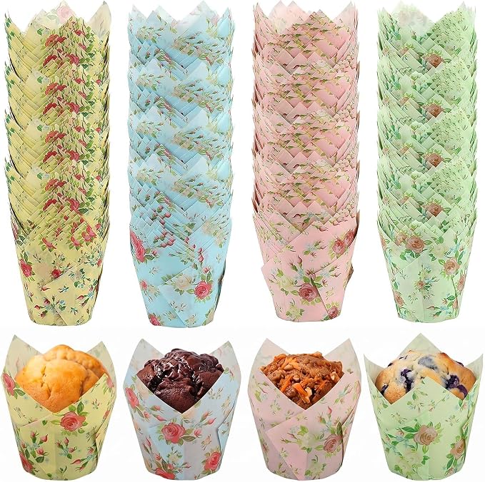 200 Pcs Floral Tulip Cupcake Liners for Baking, Color with Wildflowers | Standard Greaseproof Tulip Muffin Liners for Baking, 3oz Paper Cupcake Wrappers for Party Wedding Birthday