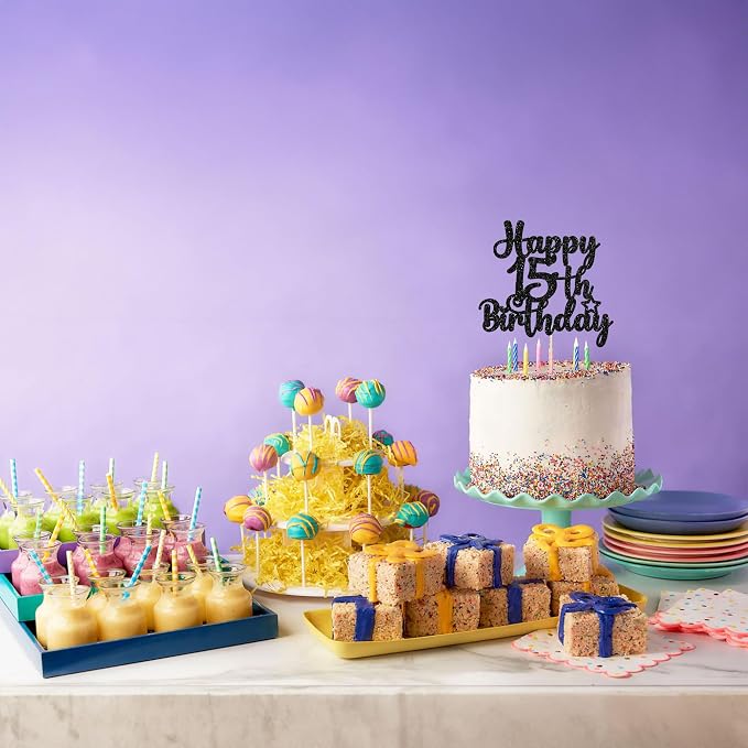 Gyufise 1Pc Happy 15th Birthday Cake Topper Glitter 15 & Fabulous Cheers to 15 Years Old Cake Pick for Celebrating 15th Birthday Anniversary Party Cake Decorations Supplies Black