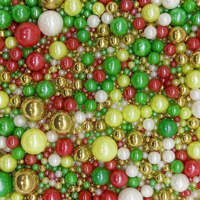 Edible Christmas Mixed Colour Sugar Pearls Sprinkles Candy Mix Size Pearls Cake Decorations Cupcake Toppers Decorating Perfect for Wedding Party Valentine Christmas Supplies 4.58OZ