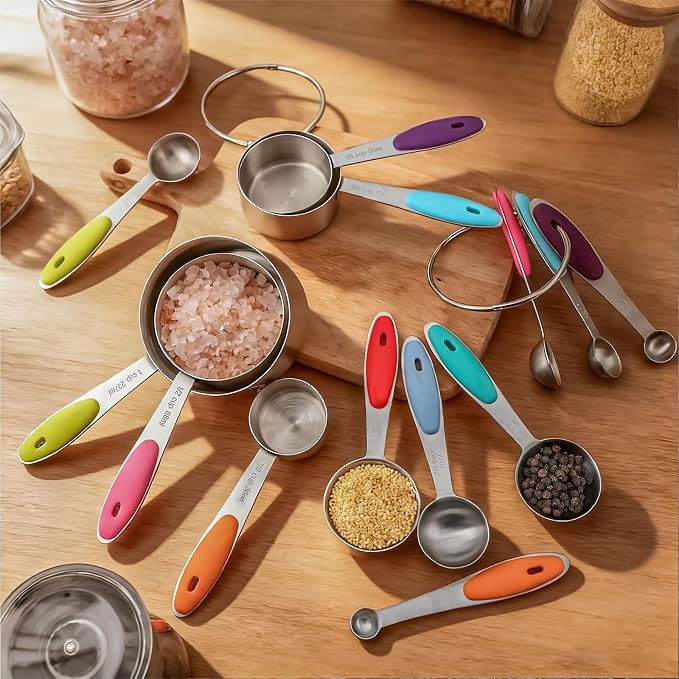 Measuring Cups and Spoons Set of 13 with Silicone Handle, Stainless Steel Nesting Measuring Cups and Spoons For Baking & Cooking (Colorful)