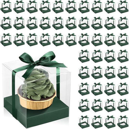 Thenshop 50 Pcs Clear Cupcake Boxes Individual 3.5 Inch Plastic Single Cupcake Containers Boxes with Inserts and Ribbon Individual Cake Storage Holders for Cake Kitchen(Green)