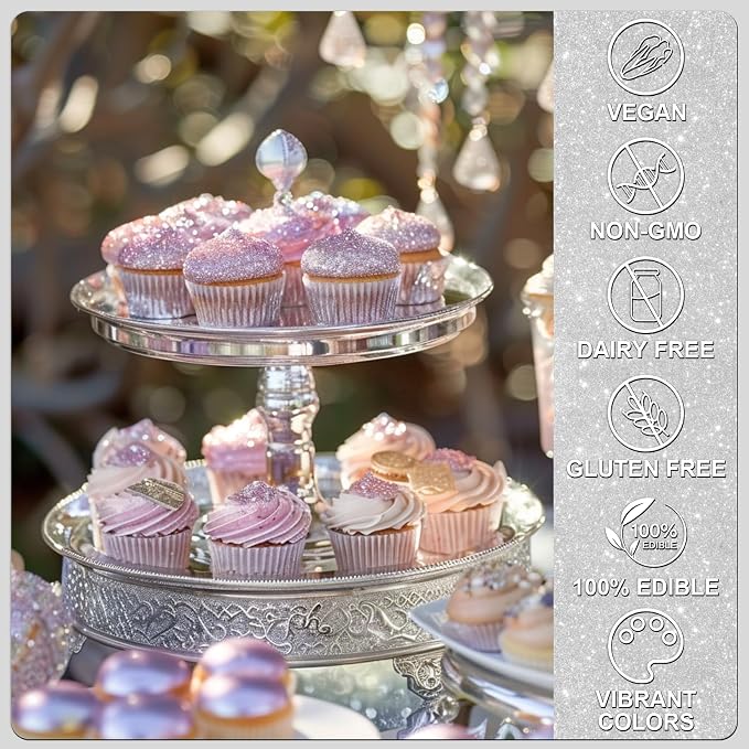 Silver Edible Glitter - 5g Food Grade Cake Decorating Shimmering Glitter, Edible Sprinkle Luster Dust for Drinks, Chocolates, Fondant, Strawberries, Cupcakes, Candy, Easter Cookie - Vegan