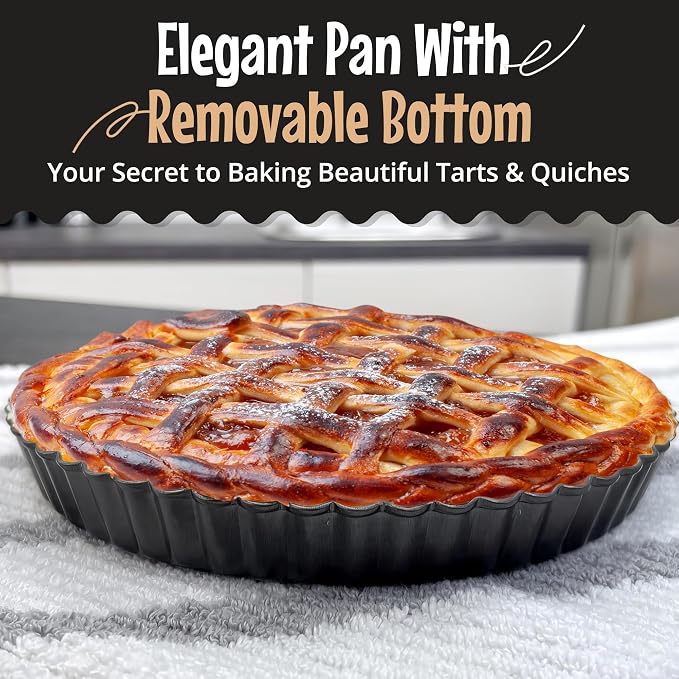 Elegant Tart and Quiche Pan, Round 9 Inch With False Bottom - Deep Fluted Non-Stick Pie Pan