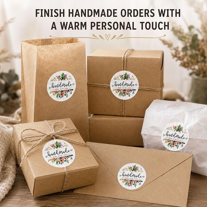 Handmade with Love Packaging Stickers: 120 Floral Round Paper Stickers | 120 1.6 Inch Round Stickers For Small Business Packaging Crafters Makers Gift Boxes And Kraft Bags