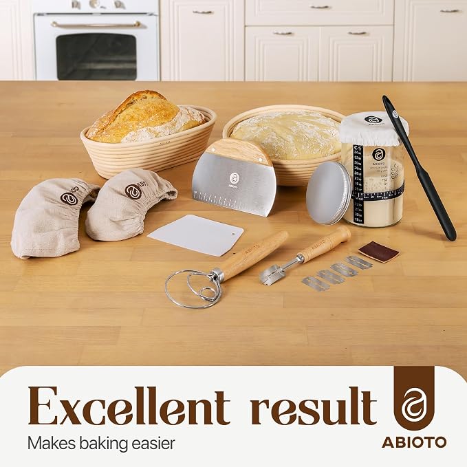 ABIOTO Sourdough Bread Baking Supplies and Starter Kit - Ultimate Bread Making and Sourdough Starter Kit with Proofing Baskets, 34oz Sourdough Jar, Bread Lame, Scrapers & Danish Whisk