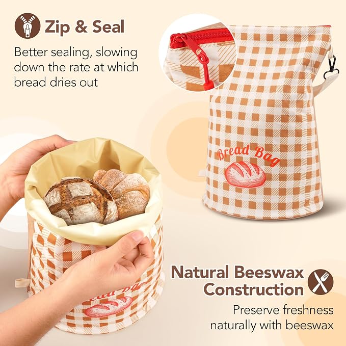 Reusable Beeswax Bread Bags for Homemade Sourdough Bread Keep Fresh | Upright Base, Zipper Access, Adjustable Roll-Top, Portable Natural & Safe Storage Sourdough Bread Bags, Home Essentials,2 pcs